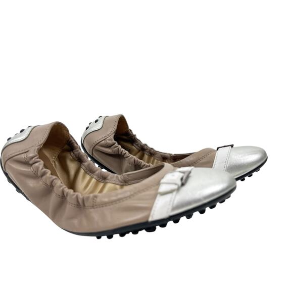 Tods Leather Cap Toe Ballet Flats beige Silver Size 5 - Picture 1 of 6